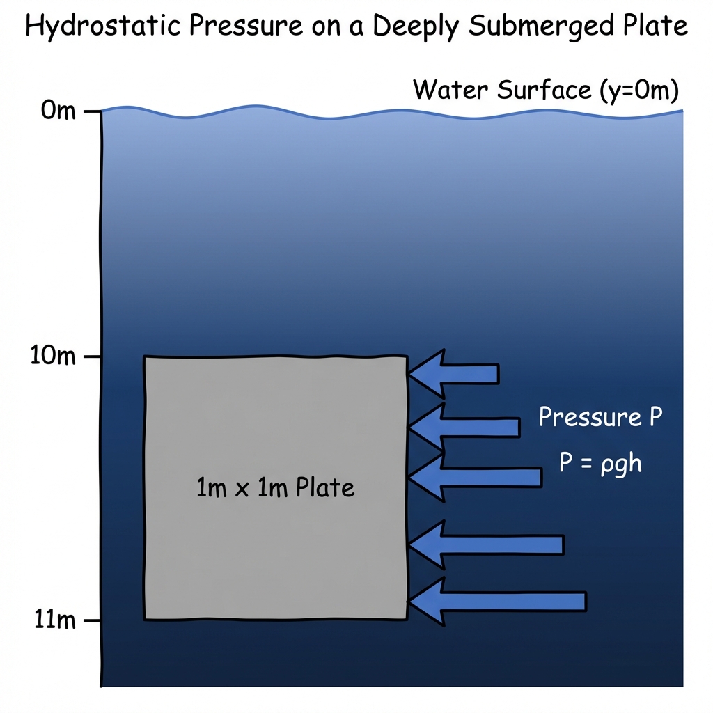 1×1 meter plate submerged 10m below the surface
