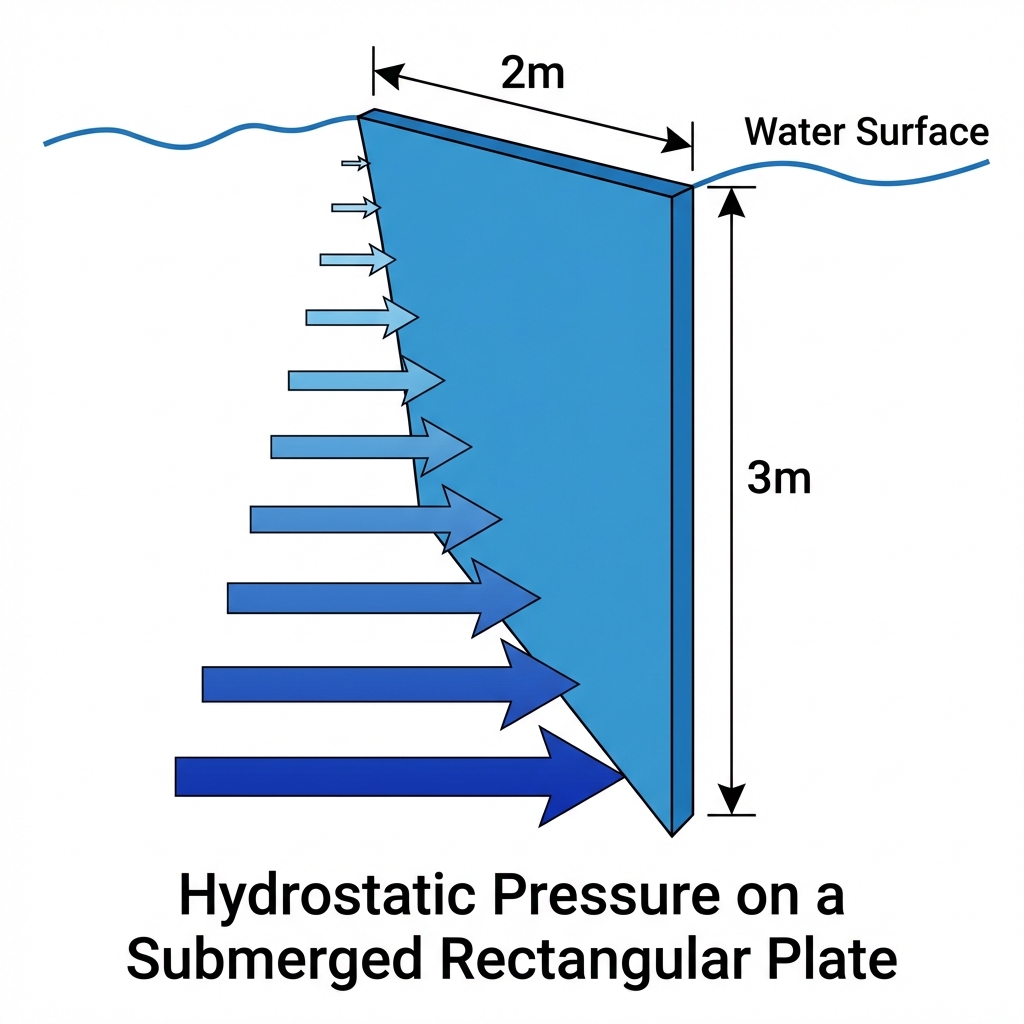 2×3 meter rectangular plate submerged with pressure arrows