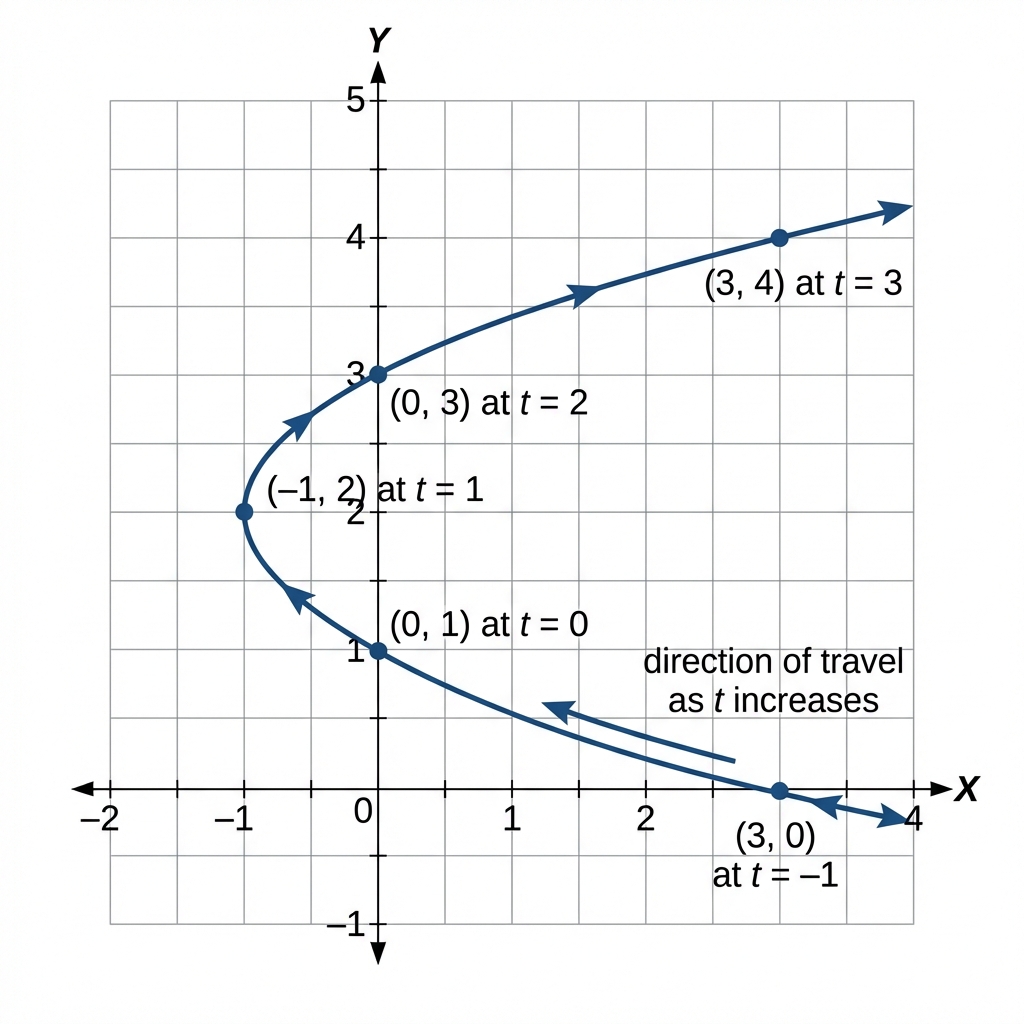 Parametric curve showing sideways parabola with labeled points